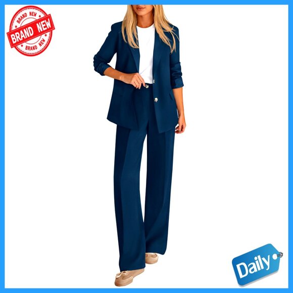 Women's 2-Piece Suit Set: Blazer & Wide Leg Pants for Business Casual